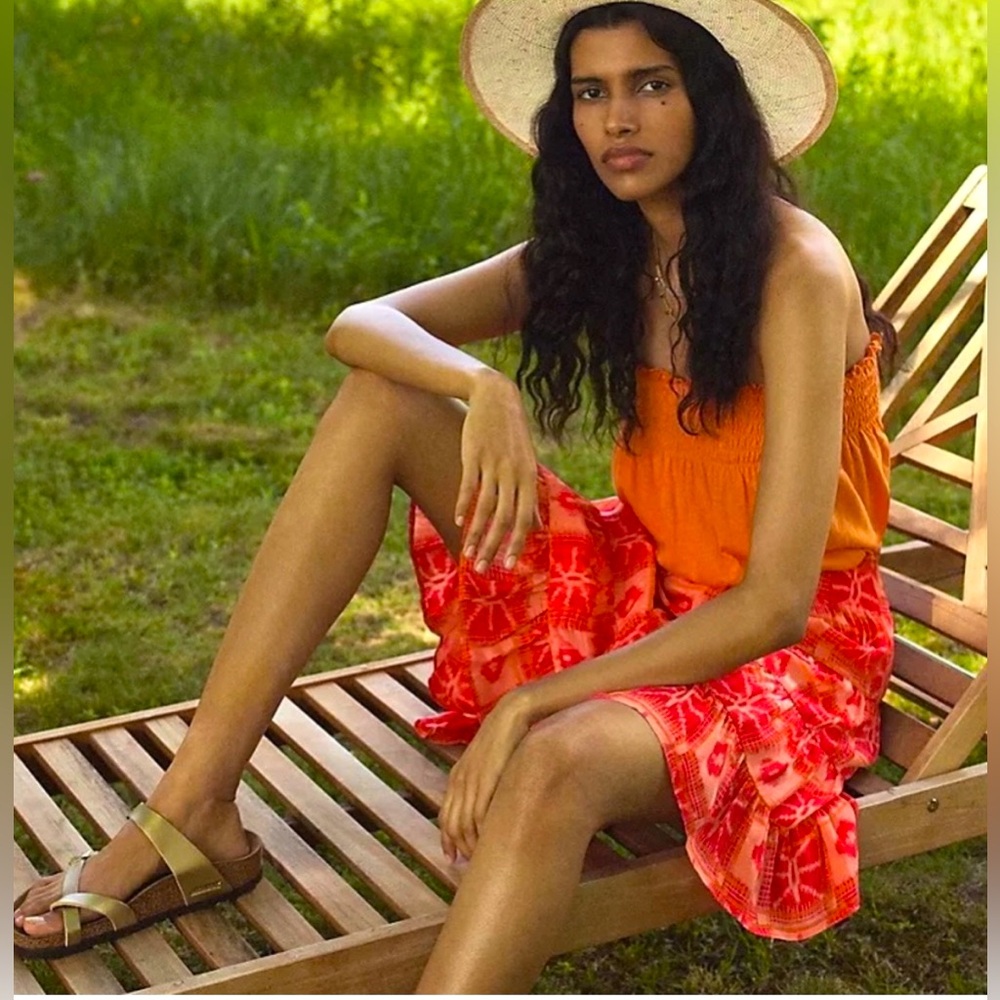 Anthropologie | Danielle Duer Flirty Tiered Coral Mini Skirt in Ella Ikat Print